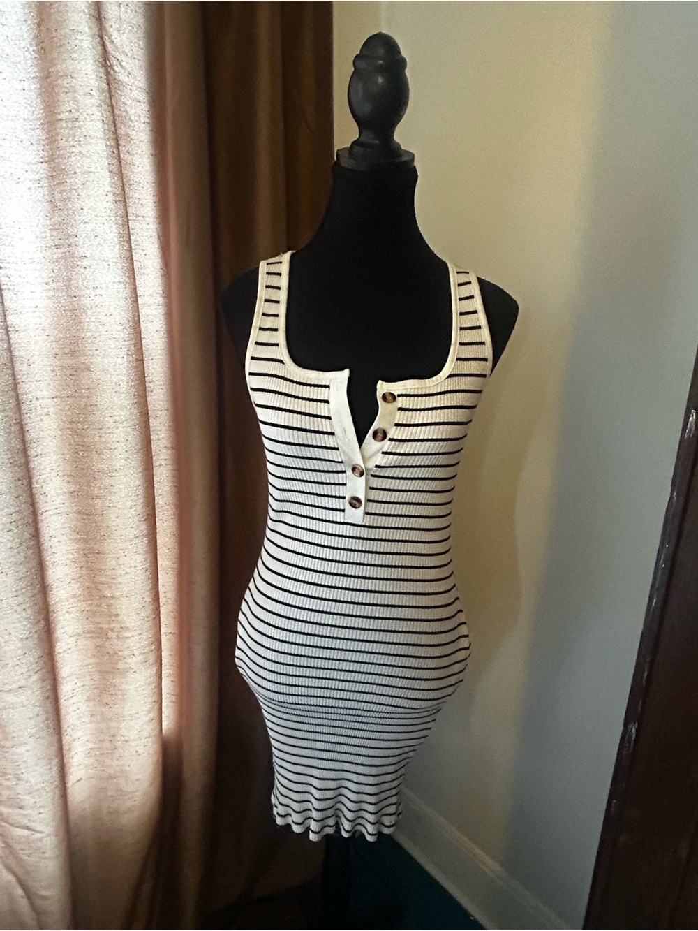 Striped Ribbed Tank Dress with Button Placket - Cream & Black
